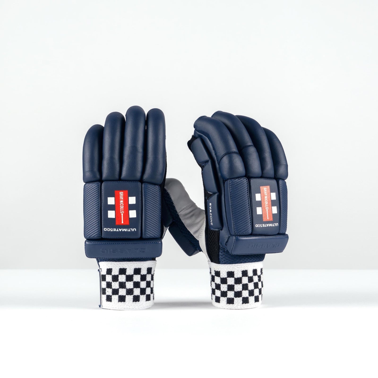 Gray-Nicolls Classic Ultimate 500 Cricket Gloves - Navy (2026) - Pair of Gray-Nicolls Classic Ultimate 500 navy cricket gloves from the back, with black and white chequered cuffs.