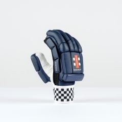 Gray-Nicolls Classic Ultimate 500 navy cricket glove, back view with red logo and black and white checked wristband