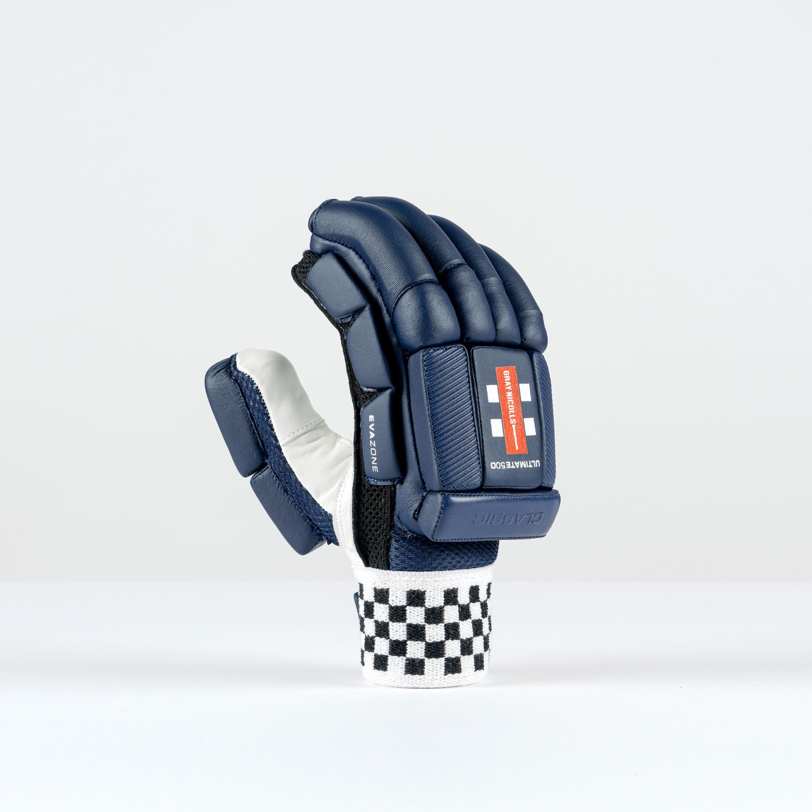 Gray-Nicolls Classic Ultimate 500 Cricket Gloves - Navy (2026) - Gray-Nicolls Classic Ultimate 500 navy cricket glove, back view with red logo and black and white checked wristband