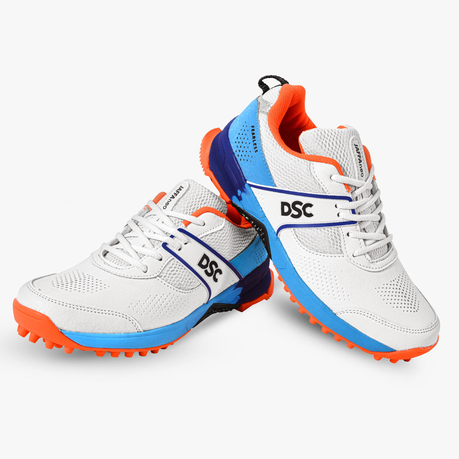 DSC Jaffa Neo Junior Cricket Shoes - White/Blue/Orange (2026) -