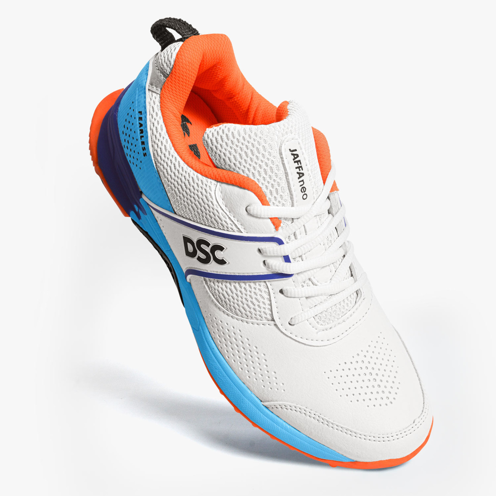 DSC Jaffa Neo Junior Cricket Shoes - White/Blue/Orange (2026) -