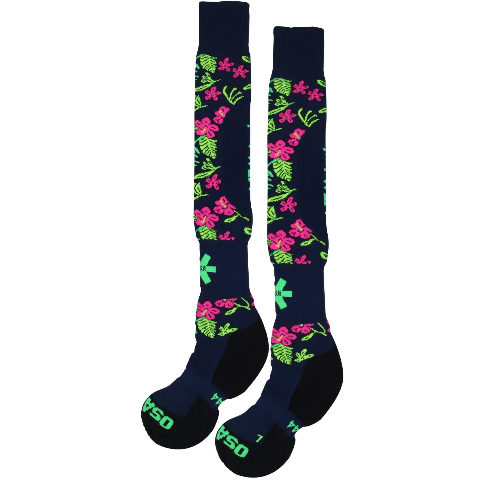 Medias de Osaka - Flores - Osaka Sox - Flowers, side view of navy knee-high pair with pink floral print, green leaves, black heel and toe, size L