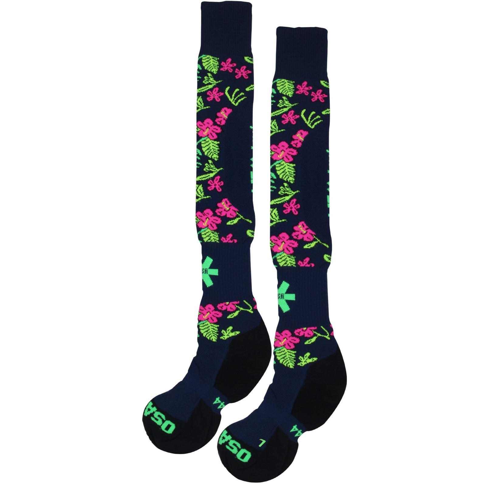 Osaka Sox - Flowers, side view of navy knee-high pair with pink floral print, green leaves, black heel and toe, size L