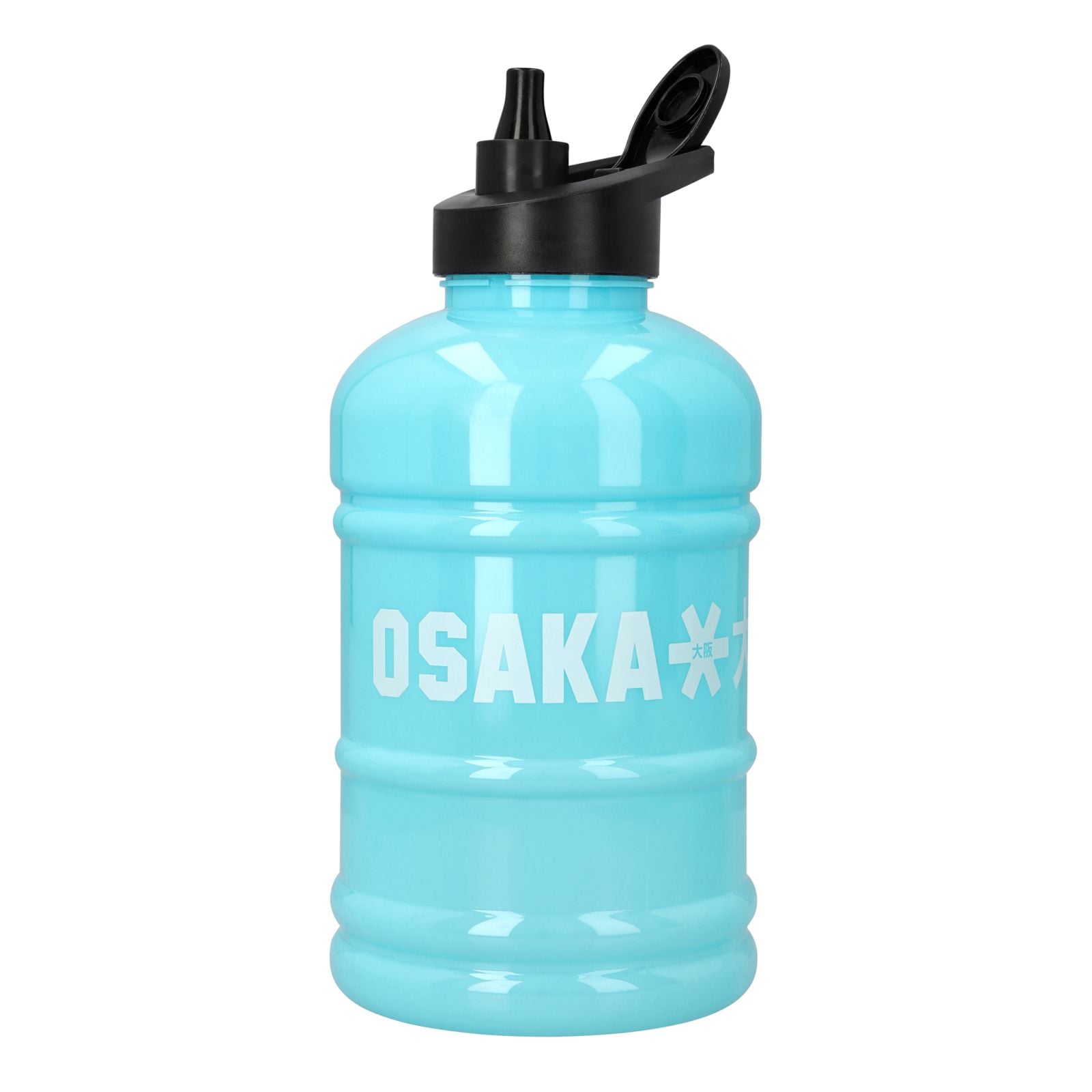 Osaka Giga Water Bottle - Blue Topaz (2026/27) - Osaka Giga Water Bottle in Blue Topaz, front view showing white Osaka logo and open black flip-top spout lid.