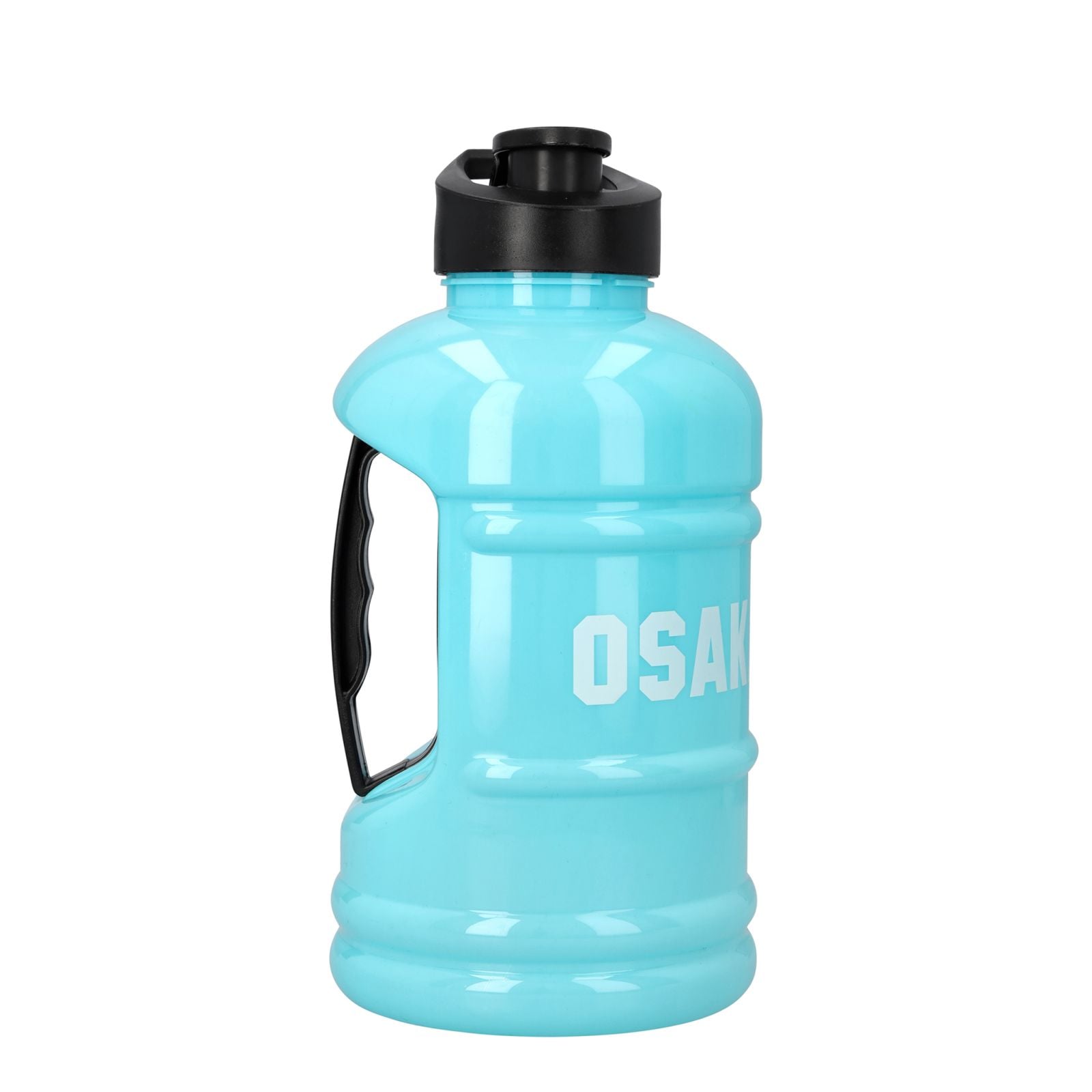 Osaka Giga Water Bottle - Blue Topaz (2026/27) - Osaka Giga Water Bottle in Blue Topaz, side view showing the black flip-top lid, black carry handle and white logo.