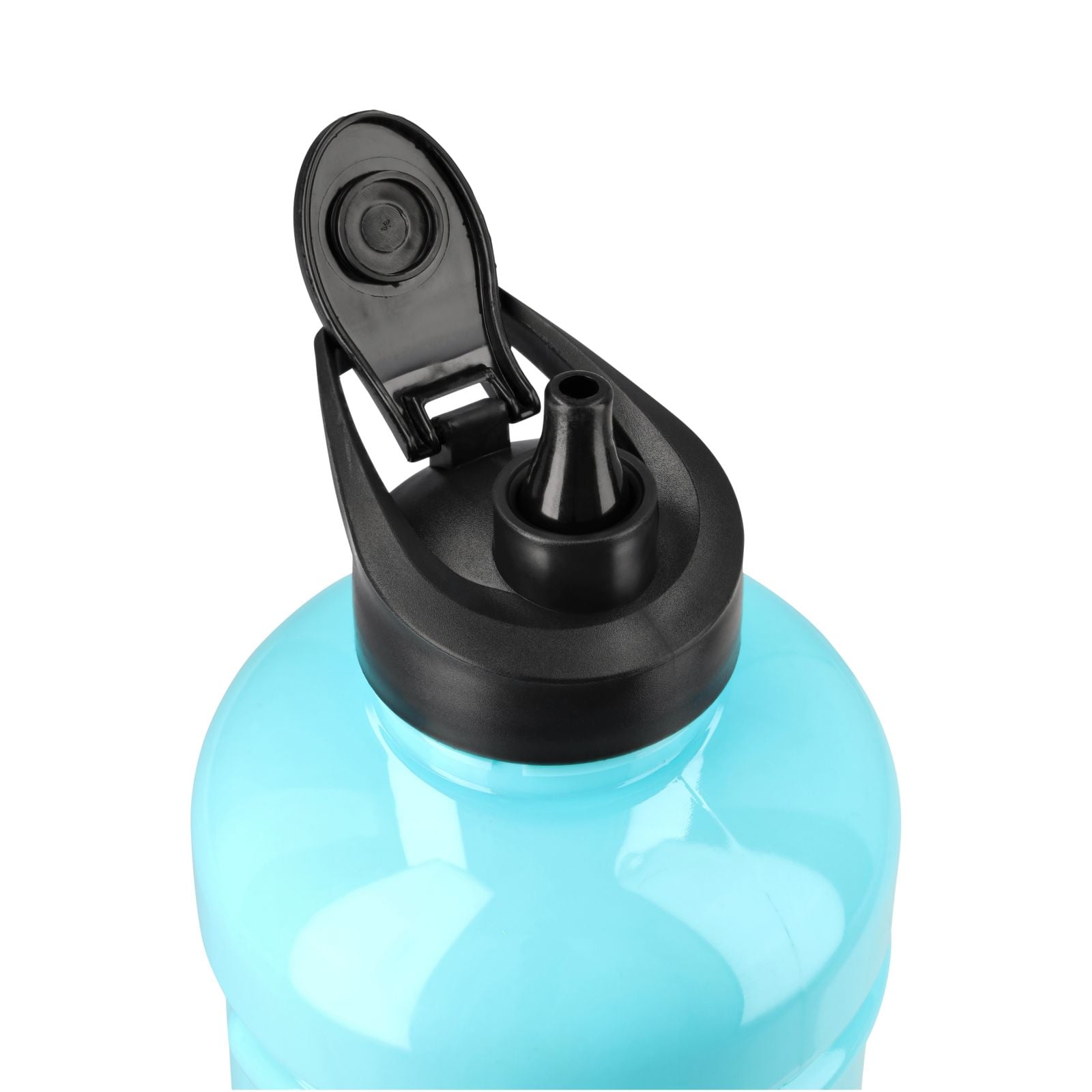 Osaka Giga Water Bottle - Blue Topaz (2026/27) - Osaka Giga Water Bottle in Blue Topaz, close-up of the black flip-top lid open to show the drinking spout.