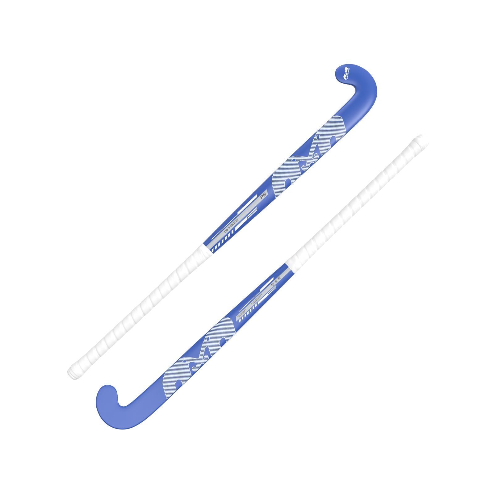 TK P6 Control Bow Indoor Hockey Stick - Blue-White (2026/27) - TK P6 Control Bow Indoor Hockey Stick in blue with white graphics, shown from both sides with a white grip