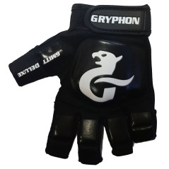 Gryphon G-Mitt Deluxe G4 hockey glove in black, back view showing the white Gryphon logo on the padded shell.