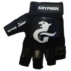 Gryphon G-Mitt Deluxe G4 hockey glove in black, back view showing the white Gryphon logo on the padded shell.