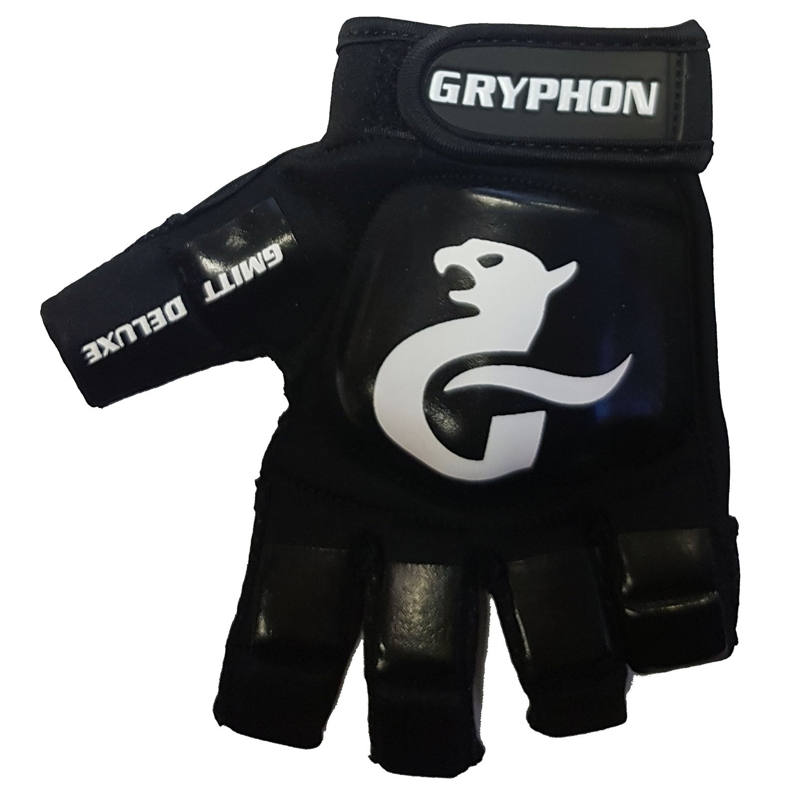 Gryphon G-Mitt Deluxe G4 Hockey Glove - Black (2022/23) - Gryphon G-Mitt Deluxe G4 hockey glove in black, back view showing the white Gryphon logo on the padded shell.