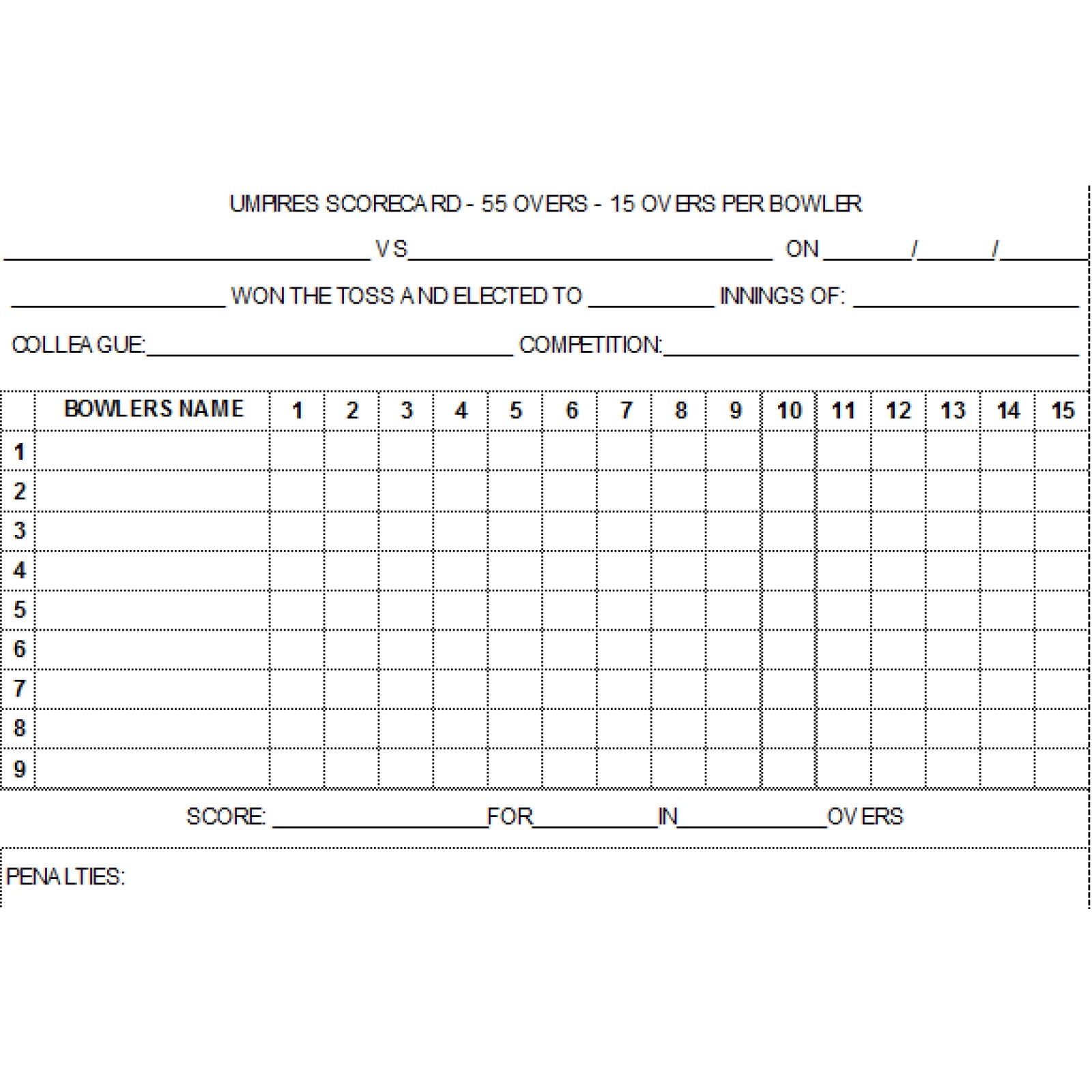 55 Over Cricket Umpires Match Cards (pack of 25) - 55 Over Cricket Umpires Match Cards (pack of 25) - 55 Over Cricket Umpires Ma