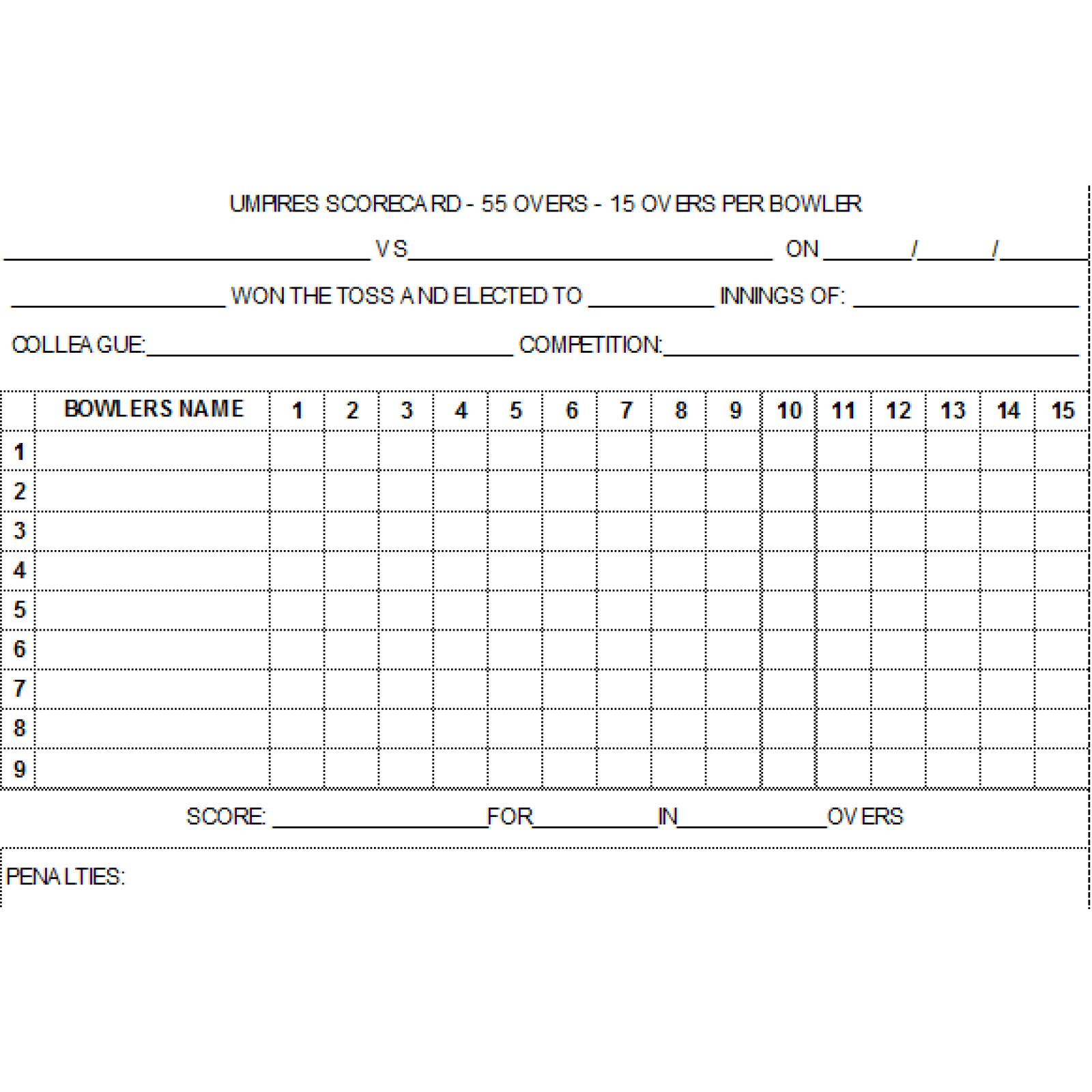 55 Over Cricket Umpires Match Cards (pack of 25) - Image 1 of 2