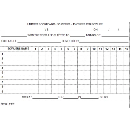 55 Over Cricket Umpires Match Cards (pack of 25)