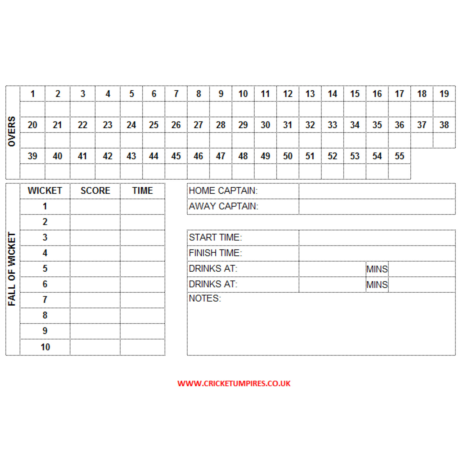 55 Over Cricket Umpires Match Cards (pack of 25) - 55 Over Cricket Umpires Match Cards (pack of 25) - 55 Over Cricket Umpires Ma
