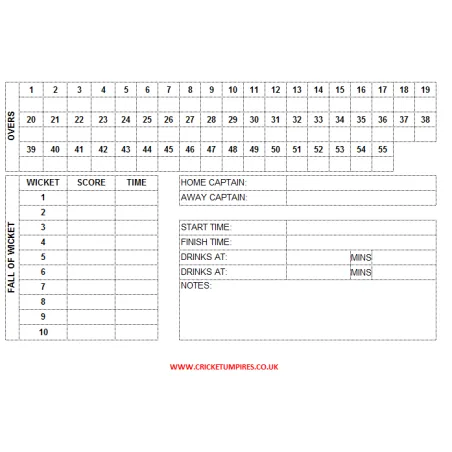 55 Over Cricket Umpires Match Cards (pack of 25)