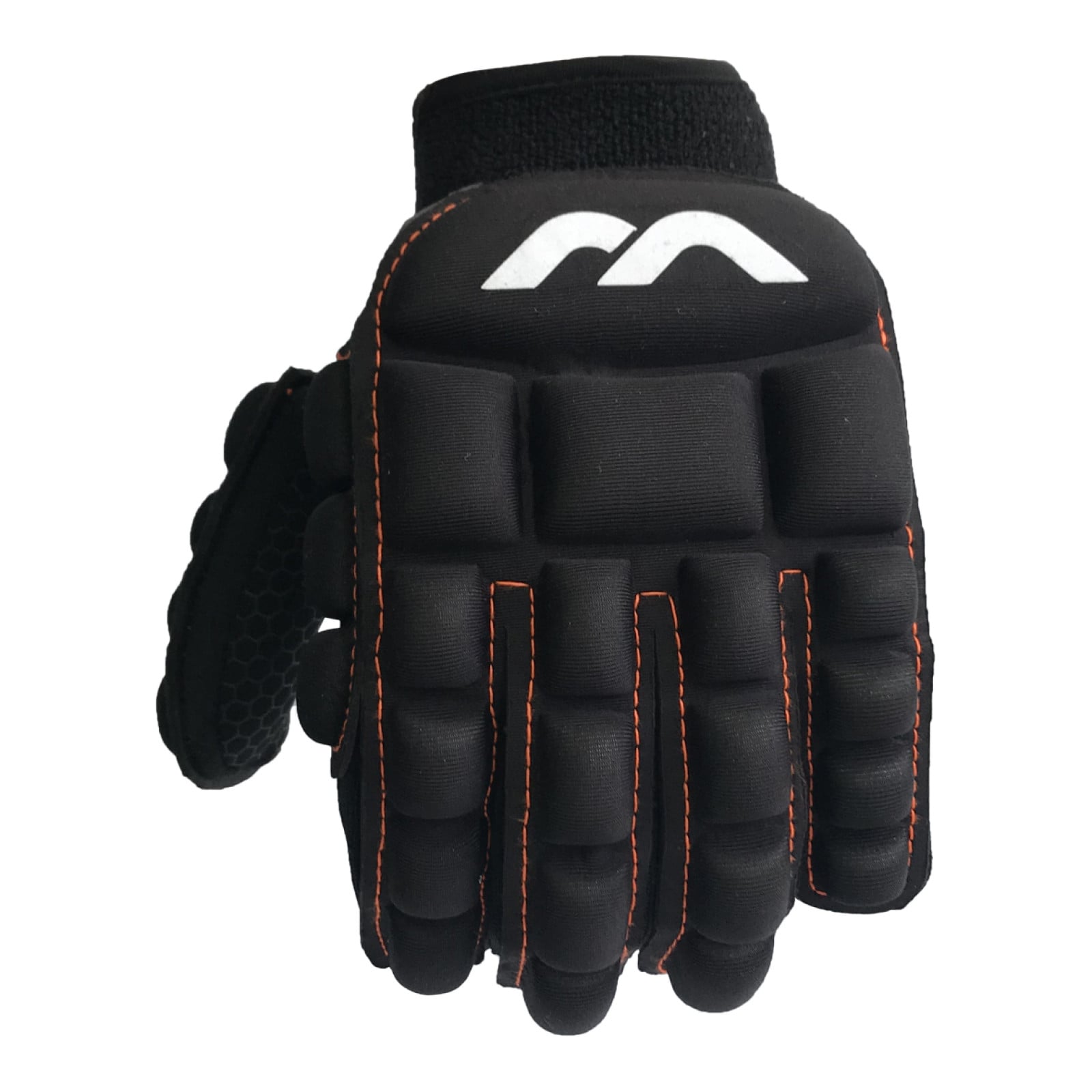 Mercian Evolution 0.3 Hockey Glove - Left Hand (2022/23) - Mercian Evolution 0.3 left hand hockey glove, back view in black with padded fingers, white logo and orange stitching