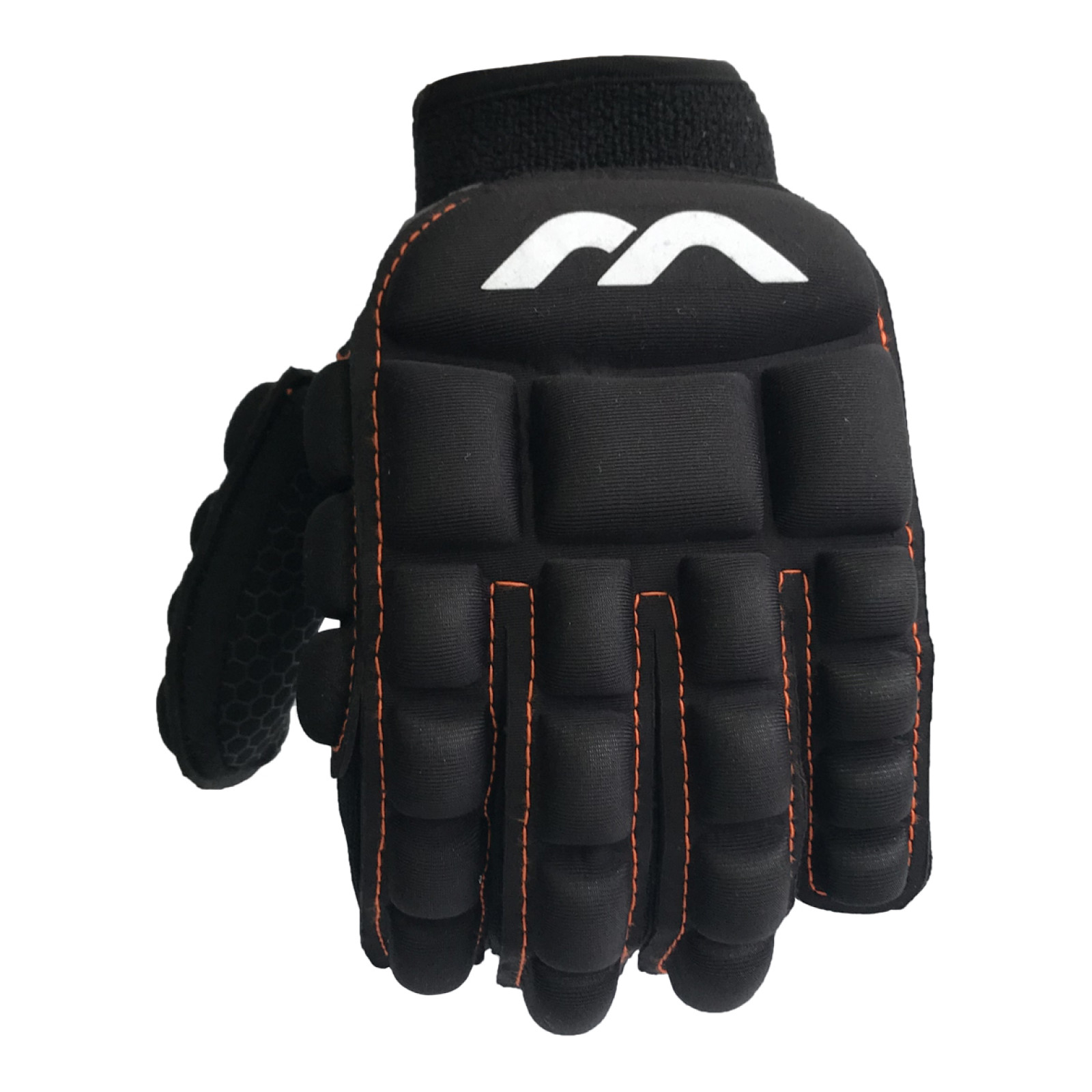 Mercian Evolution 0.3 Hockey Glove - Left Hand (2022/23) - Mercian Evolution 0.3 left hand hockey glove, back view in black with padded fingers, white logo and orange stitching