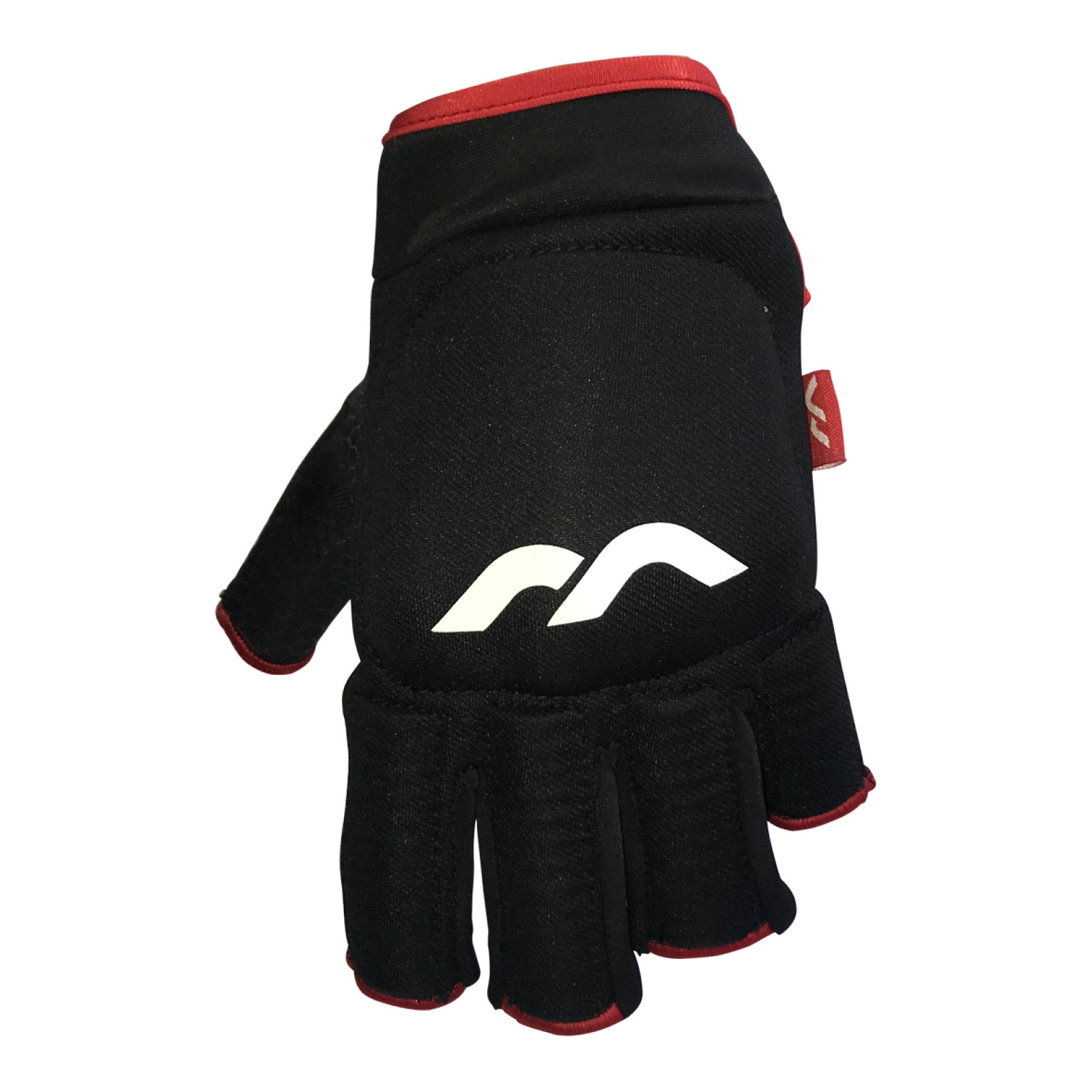 Mercian Evolution 0.1 Hockey Glove - Black (2020/21) - Mercian Evolution 0.1 hockey glove in black, back-of-hand view showing padded fingers, red trim and white logo.