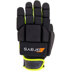 Back view of Grays Proflex 1000 hockey glove in black with fluo yellow trim and orange Grays logo.