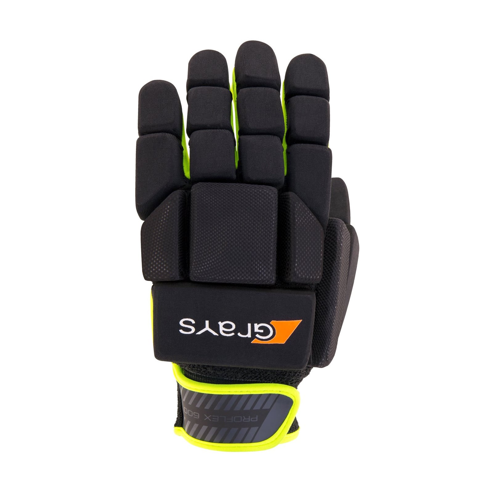 Grays Proflex 1000 Hockey Glove - Black/Fluo Yellow (2023/24) - Back view of Grays Proflex 1000 hockey glove in black with fluo yellow trim and orange Grays logo.