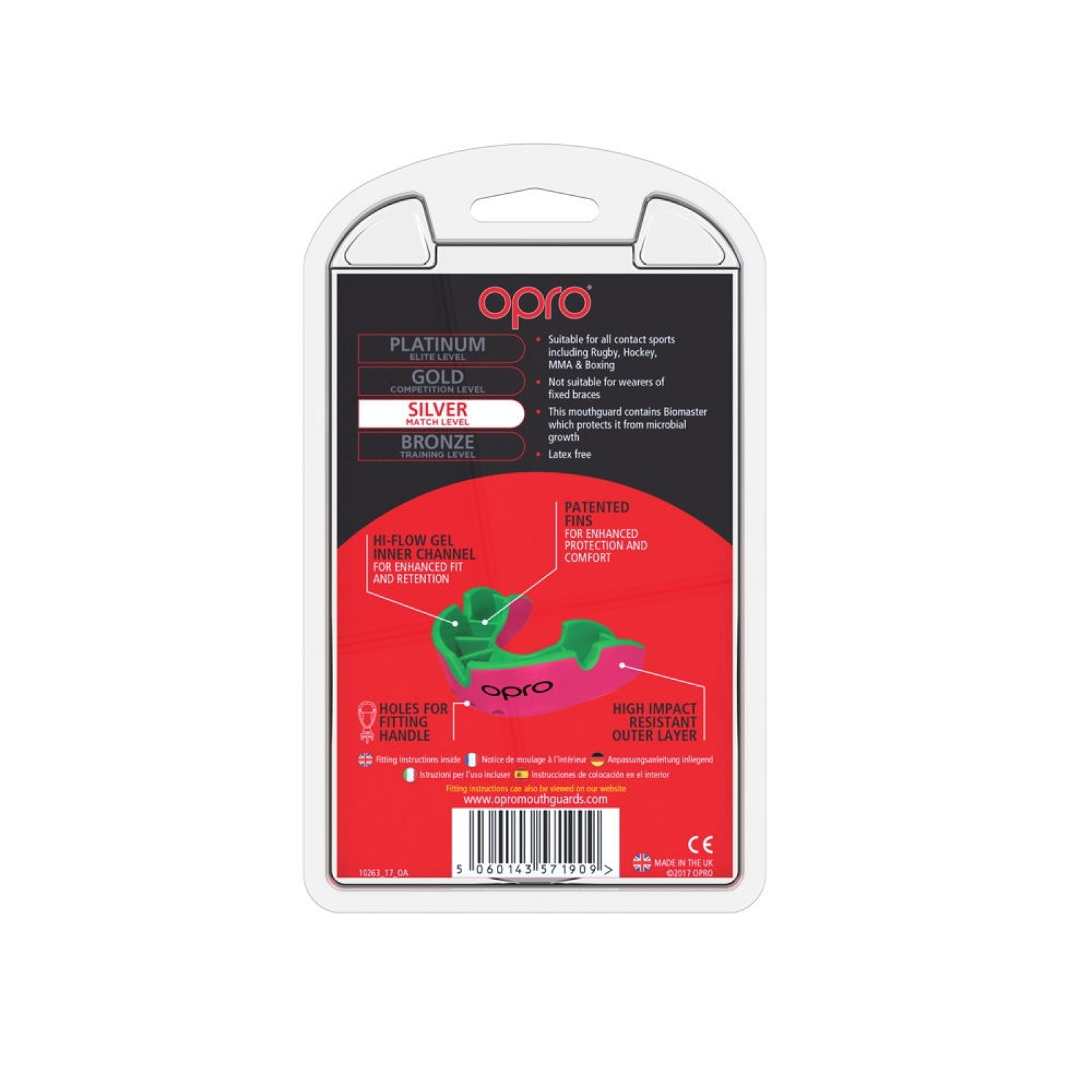 OPRO Self-Fit GEN4 Junior Silver Mouthguard - Pink/Fluro Green - Back View