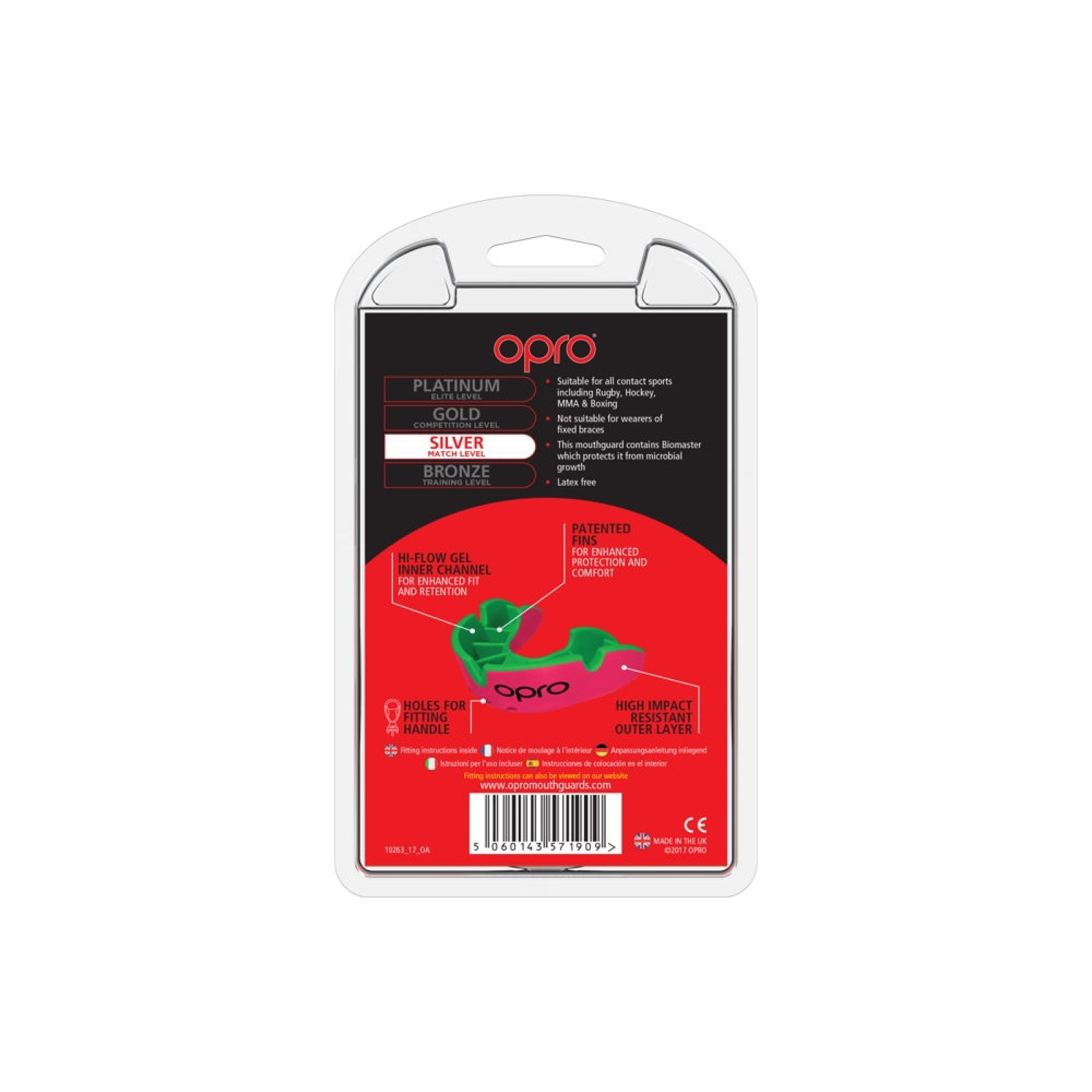 OPRO Self-Fit GEN4 Silver Mouthguard - Pink/Fluro Green - OPRO Self-Fit GEN4 Silver Mouthguard - Pink/Fluro Green - Back View