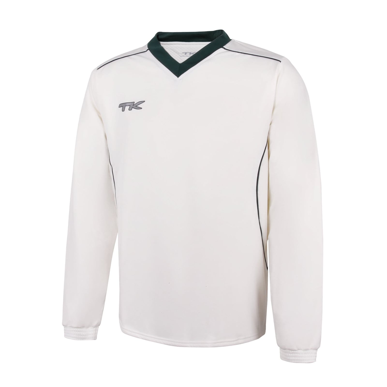 TK Long Sleeve Cricket Sweater - Green Trim - TK Long Sleeve Cricket Sweater in cream, front view showing green V-neck, green piping and grey TK logo on chest.