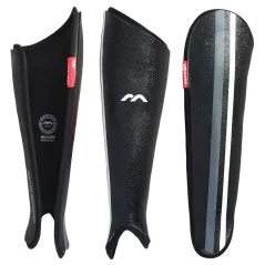Mercian Genesis 2 black shinguards from inside, front and side, with Medium size label and grey and white stripes.
