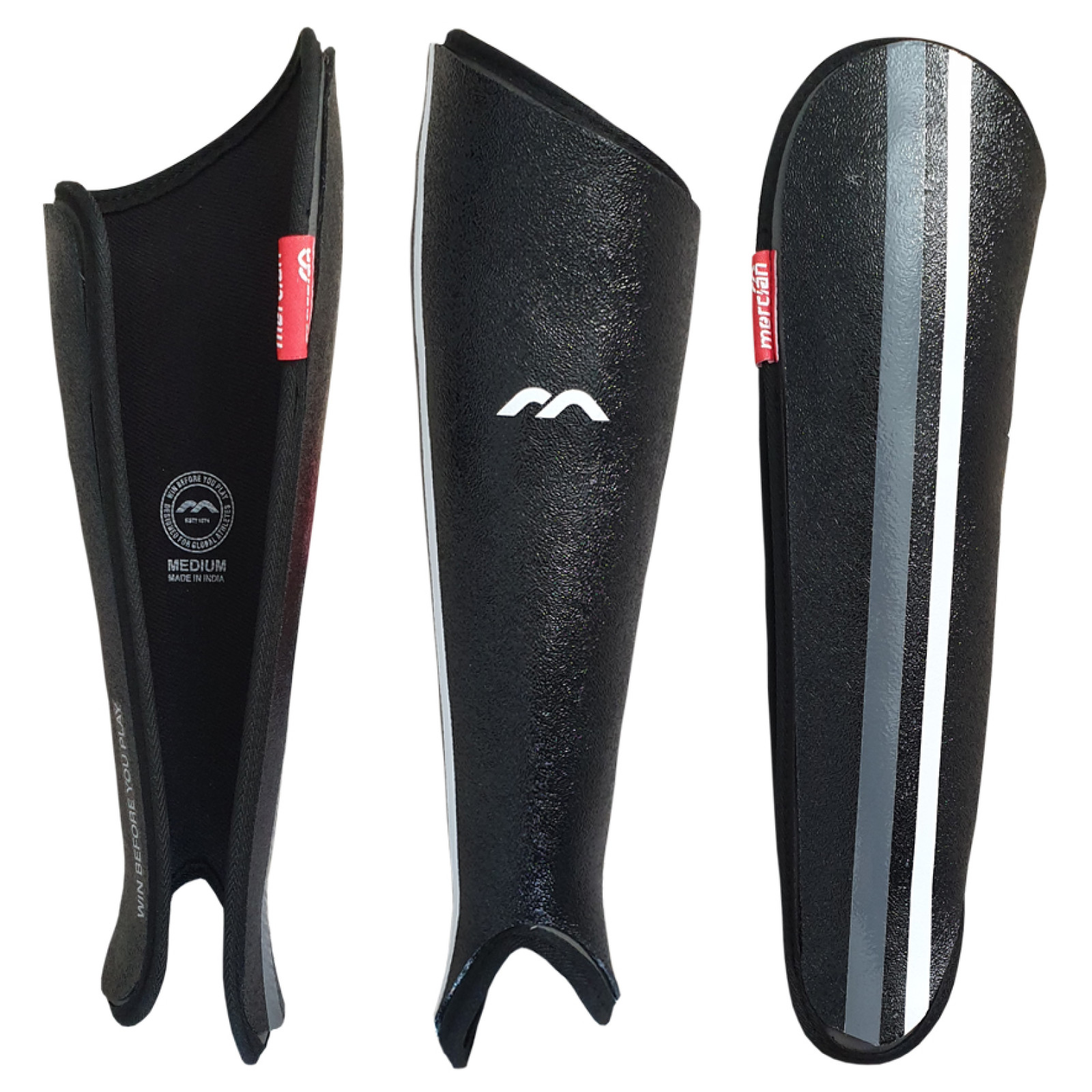 Mercian Genesis 2 Schienbeinschoner - Schwarz (2022/23) - Mercian Genesis 2 black shinguards from inside, front and side, with Medium size label and grey and white stripes.