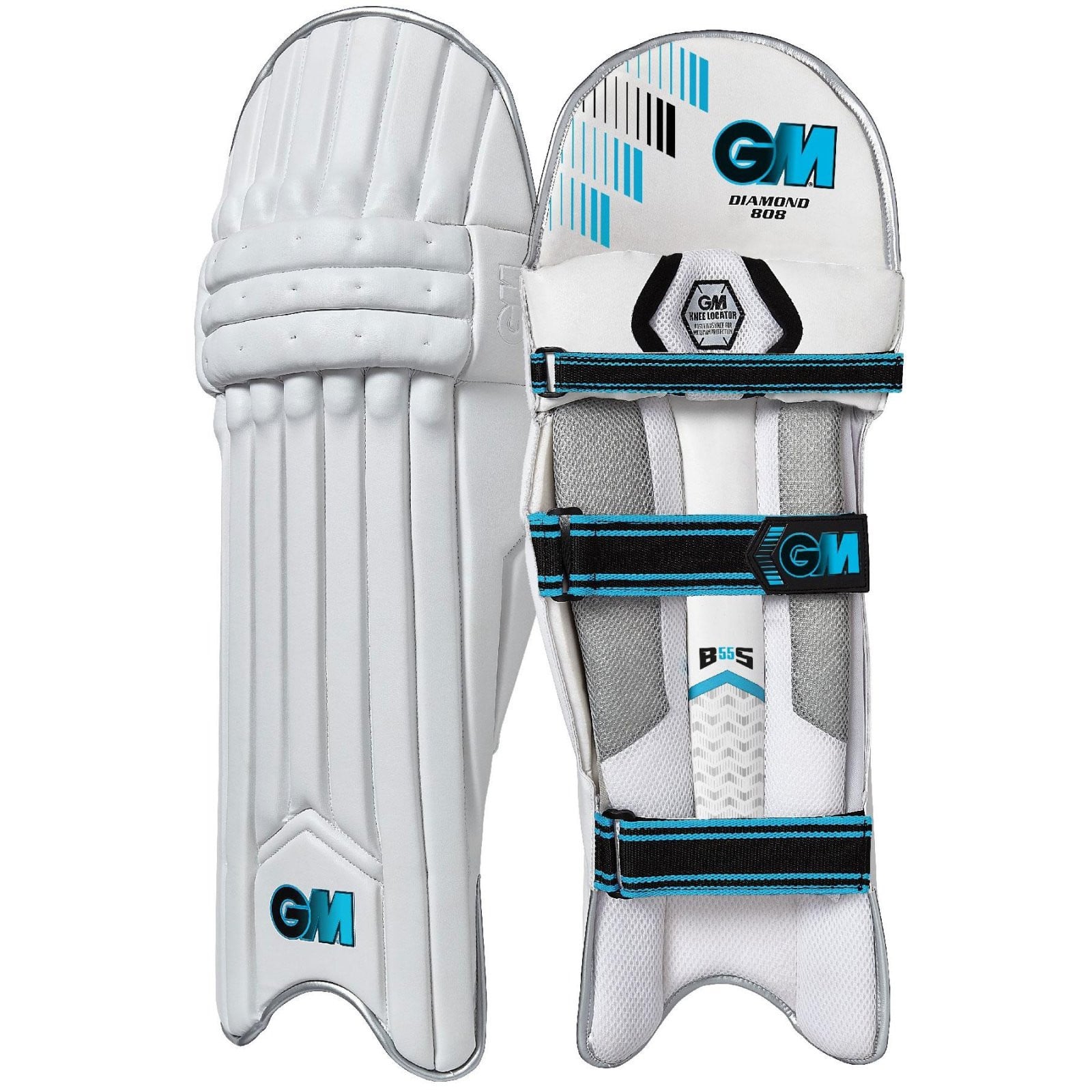 GM Diamond 808 Cricket Pads (2022), front and back views of white pads with blue and black trim and black straps