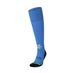 Osaka Hockey Sox in Lazul Blue, side view of a knee-high sock with white logo, black heel and toe, and green branding.