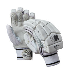 GM 505 Cricket Gloves (2023) pair in white with black trim, showing perforated palm and padded back with GM logo.