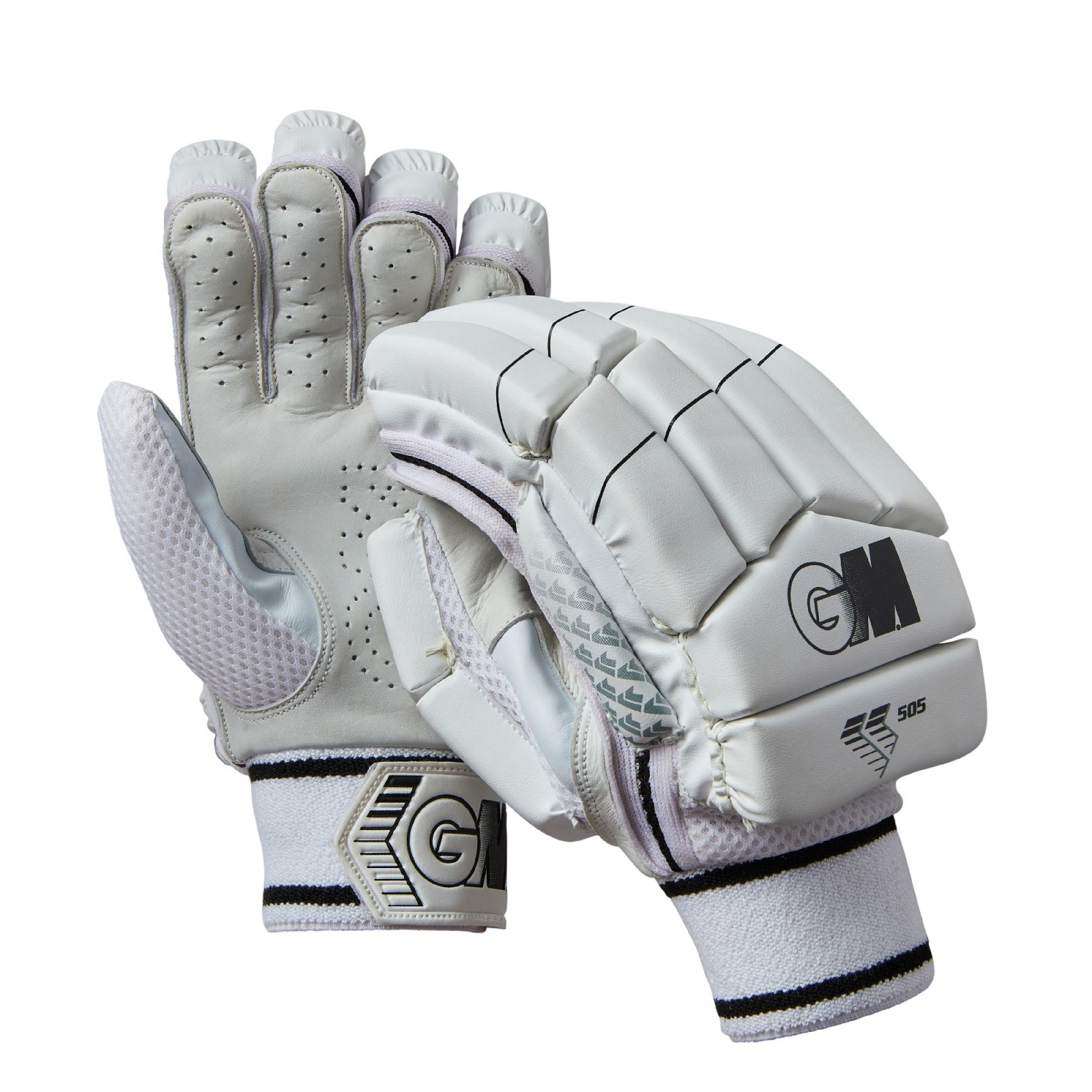 GM 505 Cricket Gloves (2023) pair in white with black trim, showing perforated palm and padded back with GM logo.