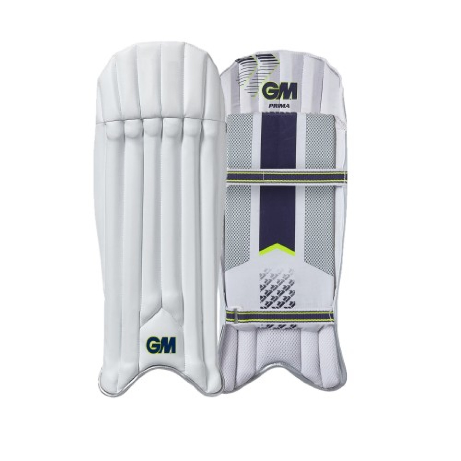 GM Prima Wicket Keeping Pads (2023) in white, front padded view beside strap side with navy and lime trim