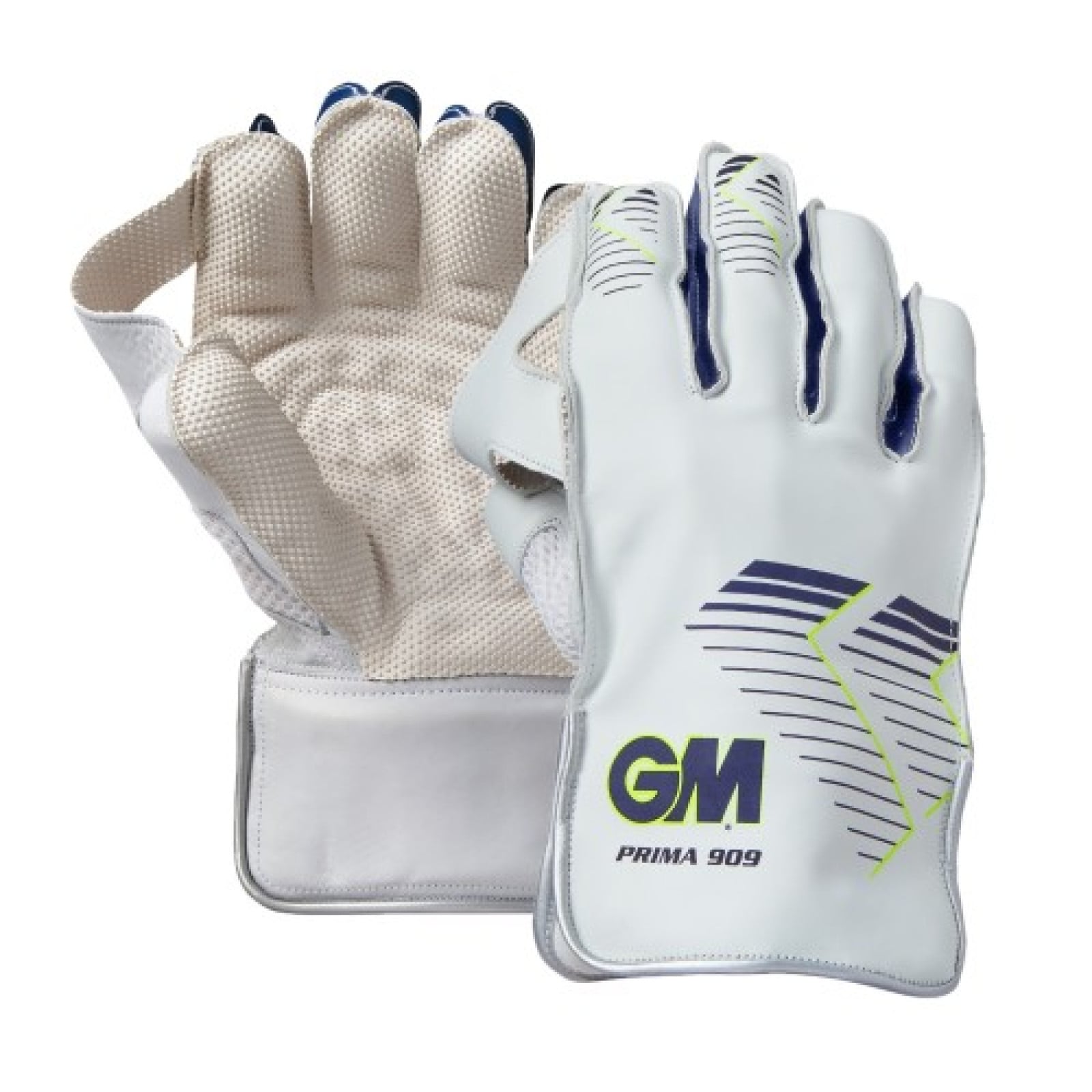 GM Prima 909 Wicket Keeping Gloves (2023) - GM Prima 909 wicket keeping gloves (2023) in white with navy and lime detailing, showing the dimpled palm and back.