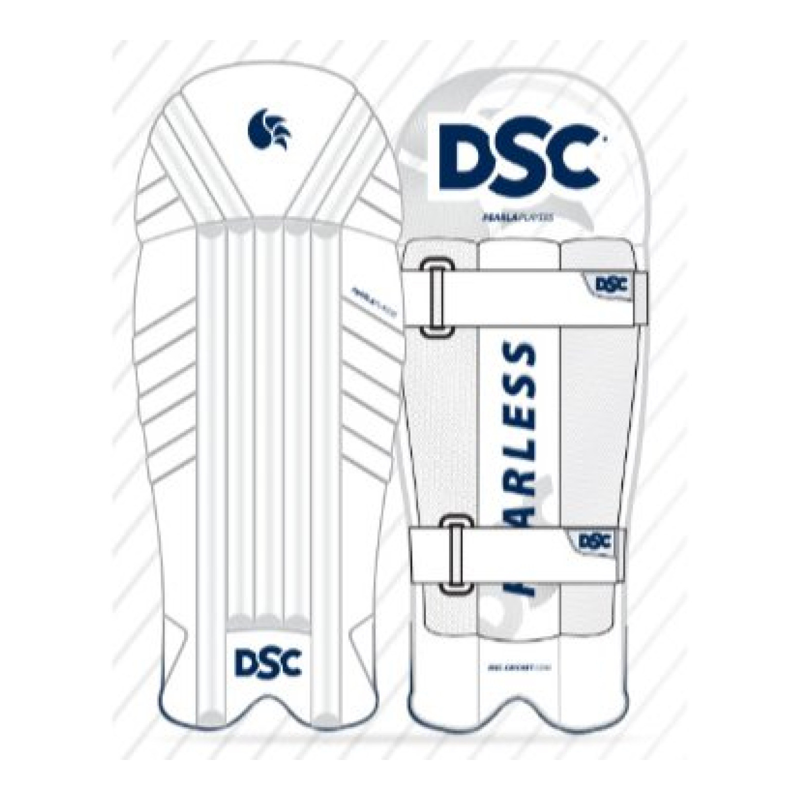 DSC Pearla Players Wicket Keeping Pads (2023), front and back views in white with navy DSC logos and two straps.