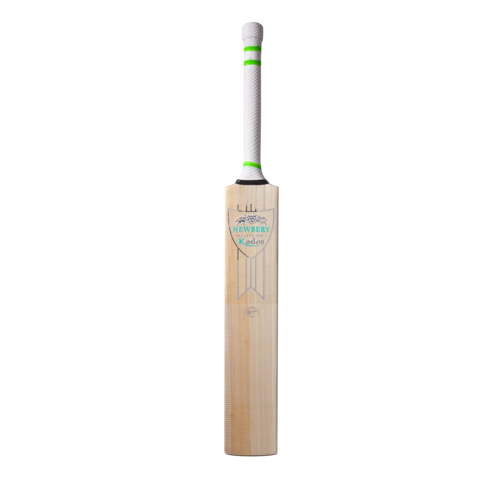Newbery Kudos Player Junior Cricket Bat (2023) - Newbery Kudos Player Junior Cricket Bat front face with teal shield logo and white grip with green bands