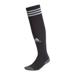 Adidas Hockey Sock in black, side view showing three white stripes at the cuff, white logo and grey textured foot.