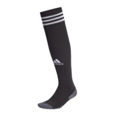 Adidas Hockey Sock in black, side view showing three white stripes at the cuff, white logo and grey textured foot.