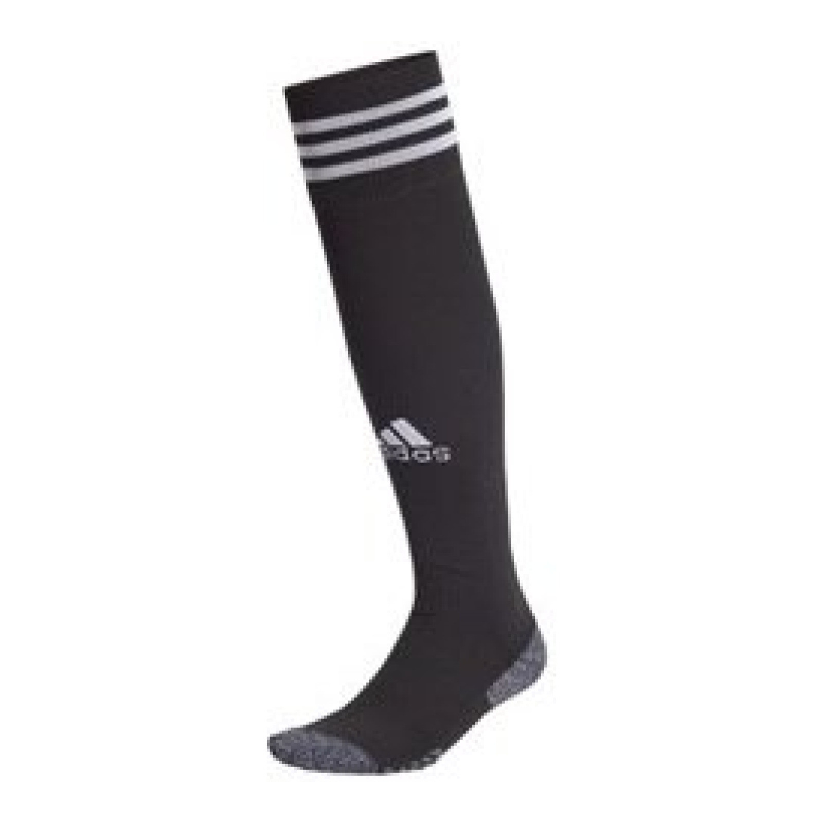 Adidas Hockey Socks - Black (2023/24) - Adidas Hockey Sock in black, side view showing three white stripes at the cuff, white logo and grey textured foot.