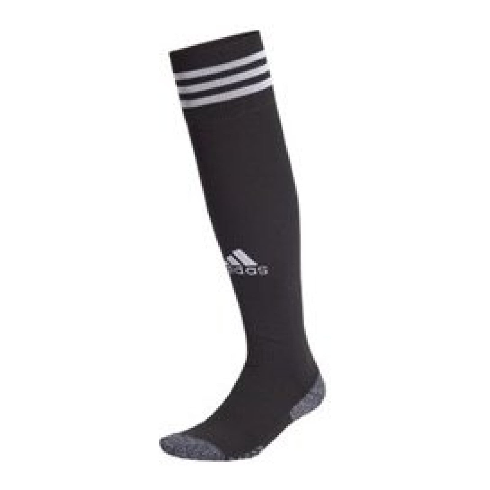 Calcetines de hockey Adidas - Negros (2023/24) - Adidas Hockey Sock in black, side view showing three white stripes at the cuff, white logo and grey textured foot.