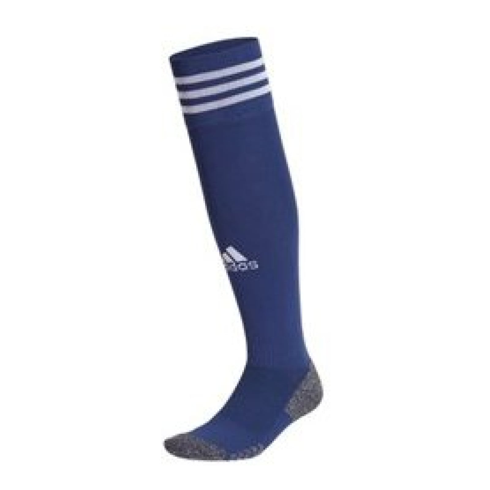 Adidas Hockey Socks - Navy (2023/24) - Adidas navy hockey sock shown from the side with three white stripes at the cuff, white logo and grey heel and toe.
