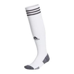 Adidas Hockey Socks in white, side view of one sock with three grey stripes at the top and grey heel and toe.