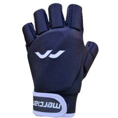 Mercian Evolution 2 Hockey Glove in black, back view showing padded fingers, white logo and white wrist strap