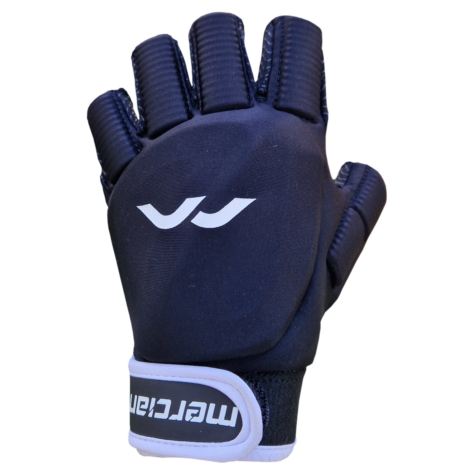 Mercian Evolution 2 Hockey Glove - Black (2023/24) - Mercian Evolution 2 Hockey Glove in black, back view showing padded fingers, white logo and white wrist strap