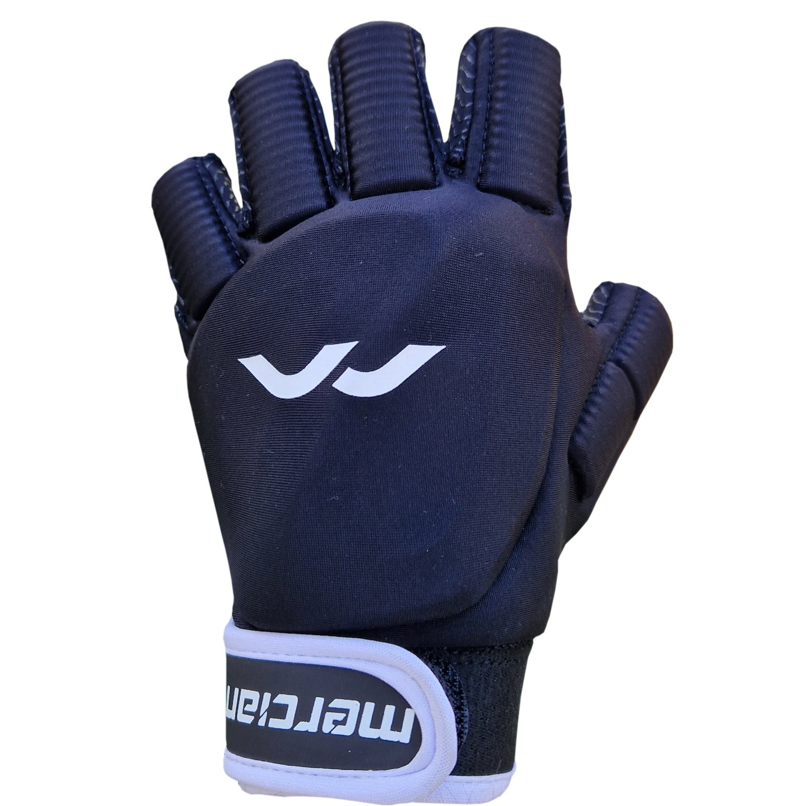 Mercian Evolution 2 Hockey Glove - Black (2023/24) - Mercian Evolution 2 Hockey Glove in black, back view showing padded fingers, white logo and white wrist strap