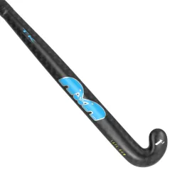 TK 1.1 Late Bow hockey stick in black carbon with blue TK logos, shown diagonally from shaft to hooked head