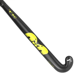 TK 1 Junior Late Bow hockey stick in black with yellow TK branding, angled view of shaft and head marked 1 JR.