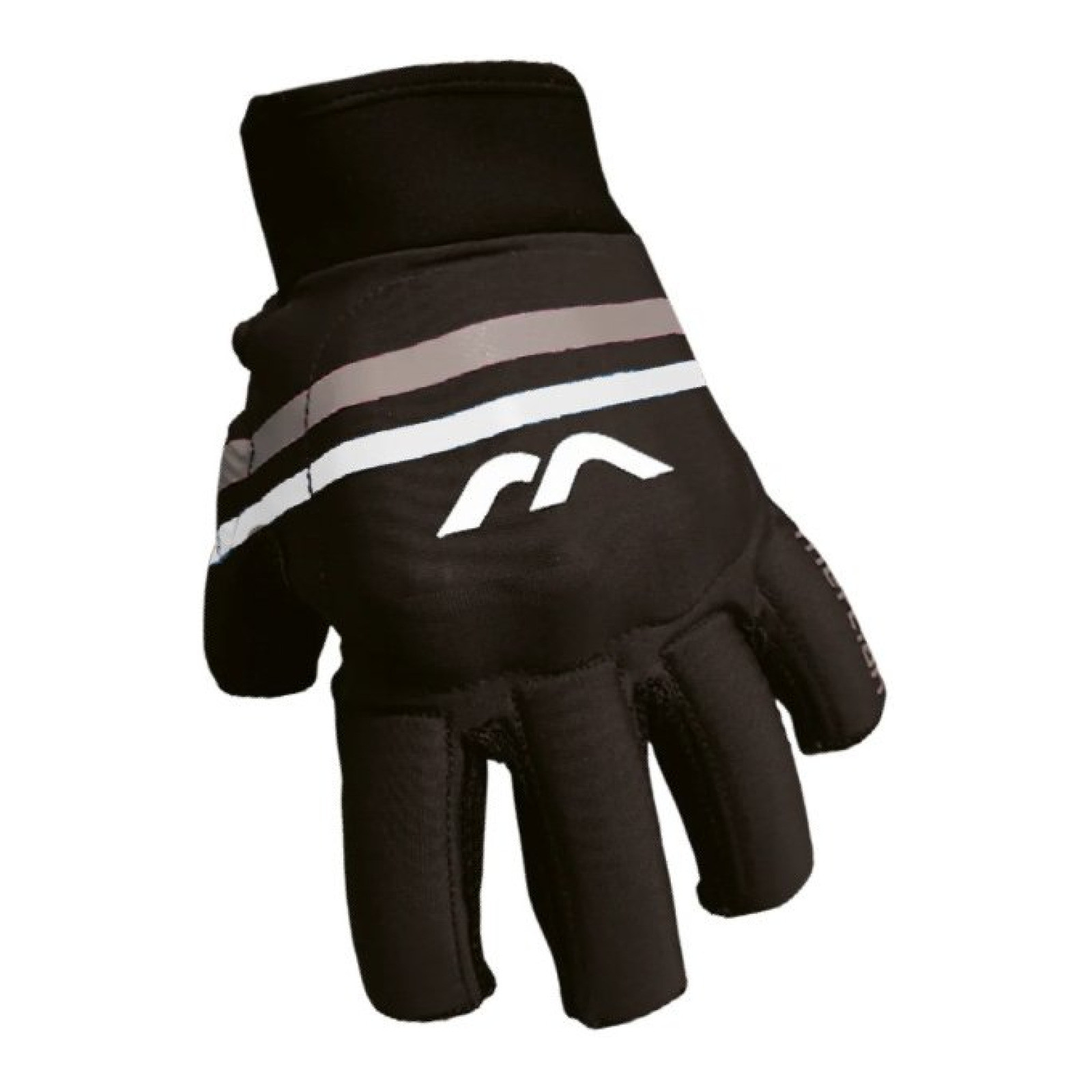 Mercian Evolution 1 Glove - Black (2023/24) - Mercian Evolution 1 Glove in black, back-of-hand view showing padded fingers, grey and white stripes and white logo.