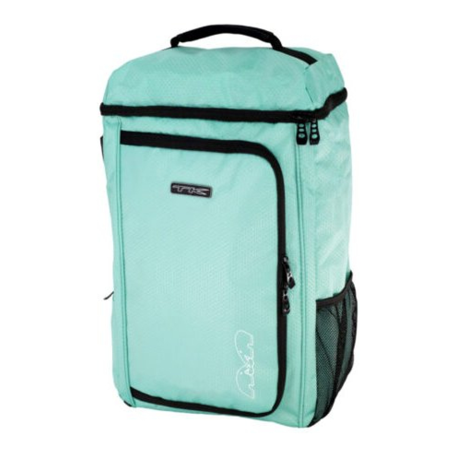 Mochila TK 6 Plus - Aguamarina (2023/24) - TK 6 Plus Backpack in aqua, angled front view showing black zips, top handle, front pocket and mesh side pocket.